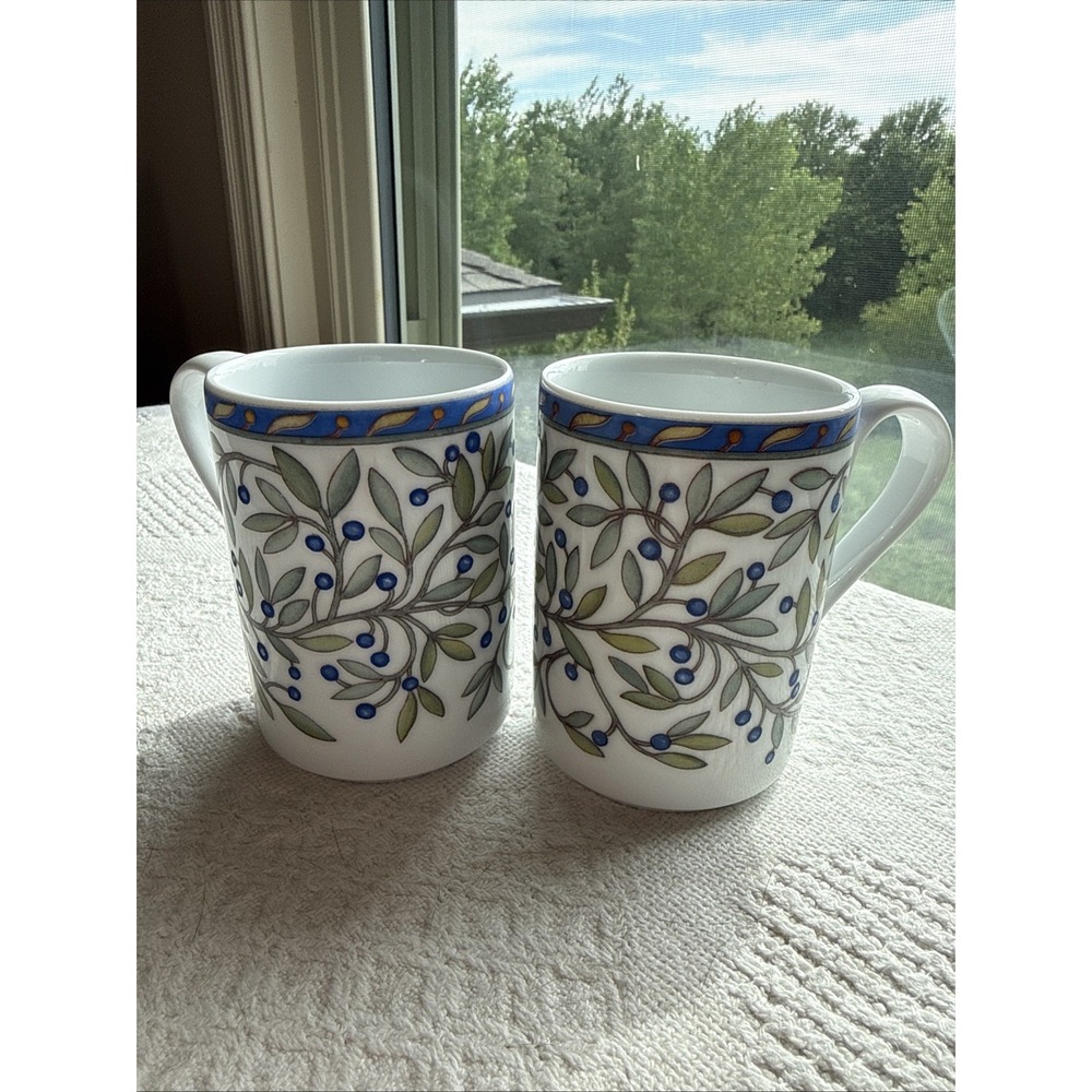 Dansk Lot of 2 Sageberry Porcelain Mug Coffee Tea Cup Blue & Green Floral EUC